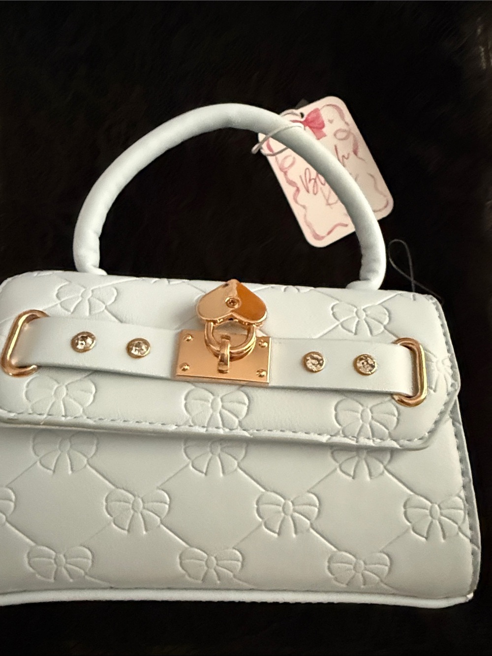 White Embossed Bow Top-Handle Shoulder Bag with Gold Hardware